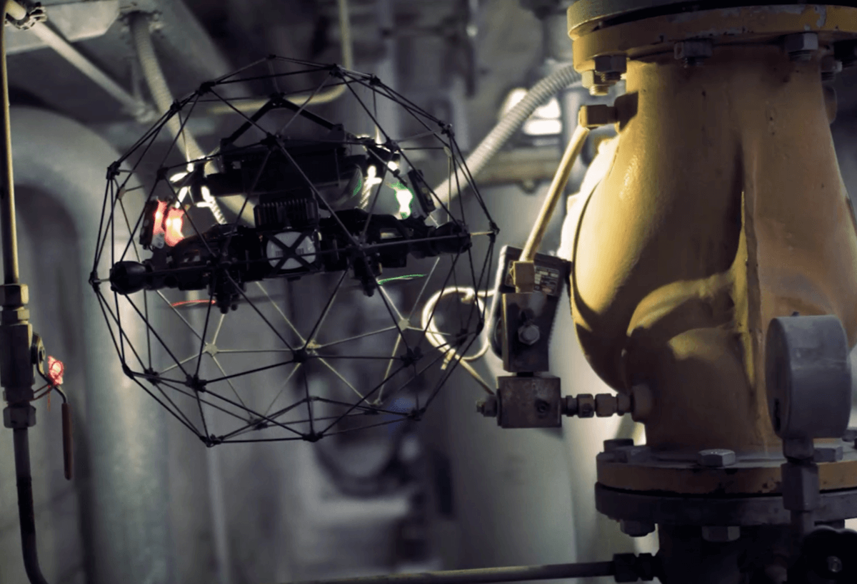 Close-up of a live drone inspecting pipes